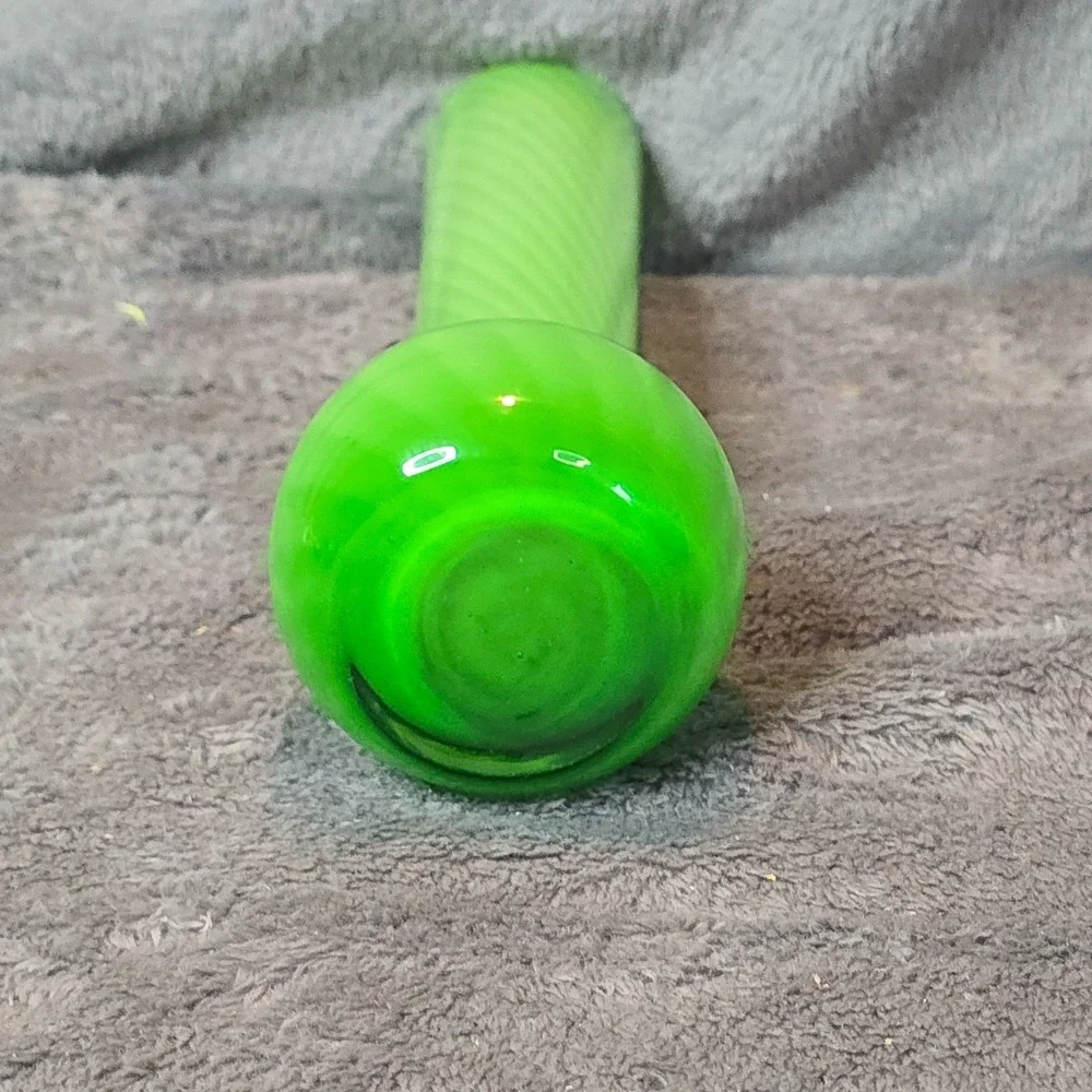 Vintage Green Cased Glass Bud Vase Swirl Stripe Satin Bulbous Base Empoli Style